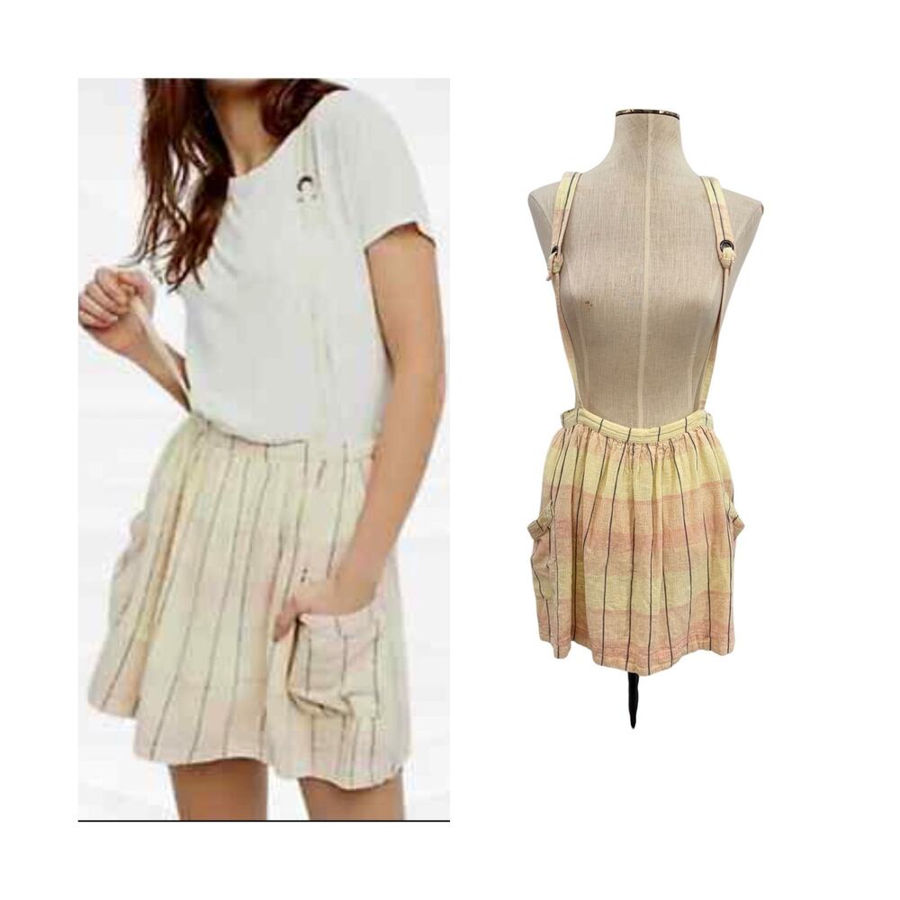 Free People Plaid Breeze Suspender Mini Skirt Dress Yellow Linen Blend Size 4‎